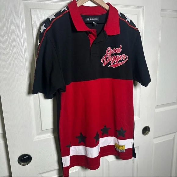 Black Pike Men’s Red Button Jersey XL Shirt Goal Digger Cotton Stars Stripes USA - Picture 5 of 14